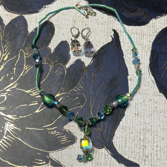 Vintage Handmade 925 Sterling Silver Blue Crystal Bead Necklace and Earrings D2 - Picture 2 of 11